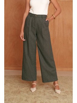 Damen-Hose mit weitem Bein, hohem Bund und Falten