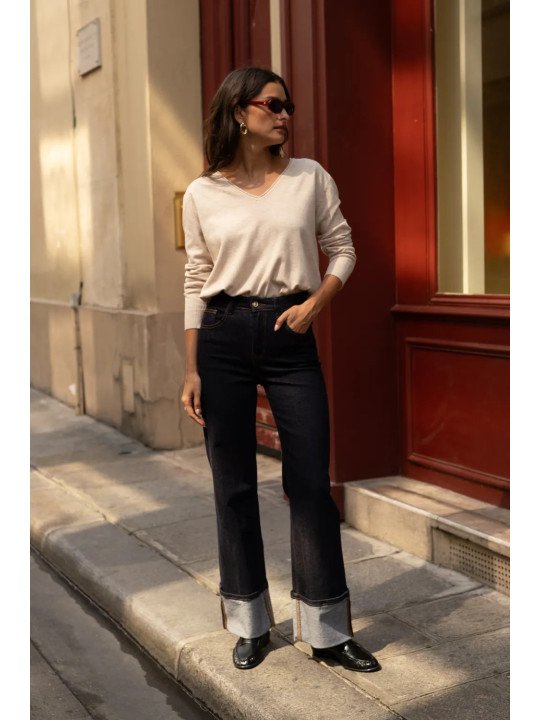 Jean Femme Taille Haute Droit à Revers Larges