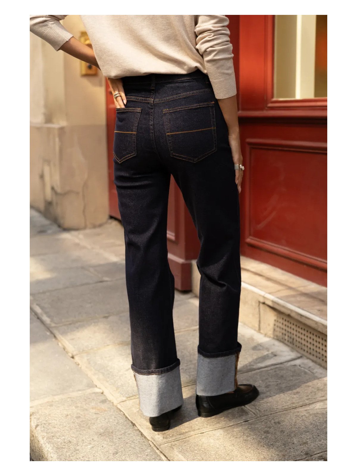 Jean Femme Taille Haute Droit à Revers Larges