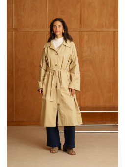 Langer Damen-Trenchcoat mit Gürtel und breitem Kragen