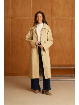 Women's Long Belted Trench Coat with Wide Collar