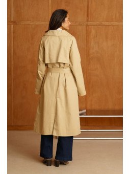 Women's Long Belted Trench Coat with Wide Collar